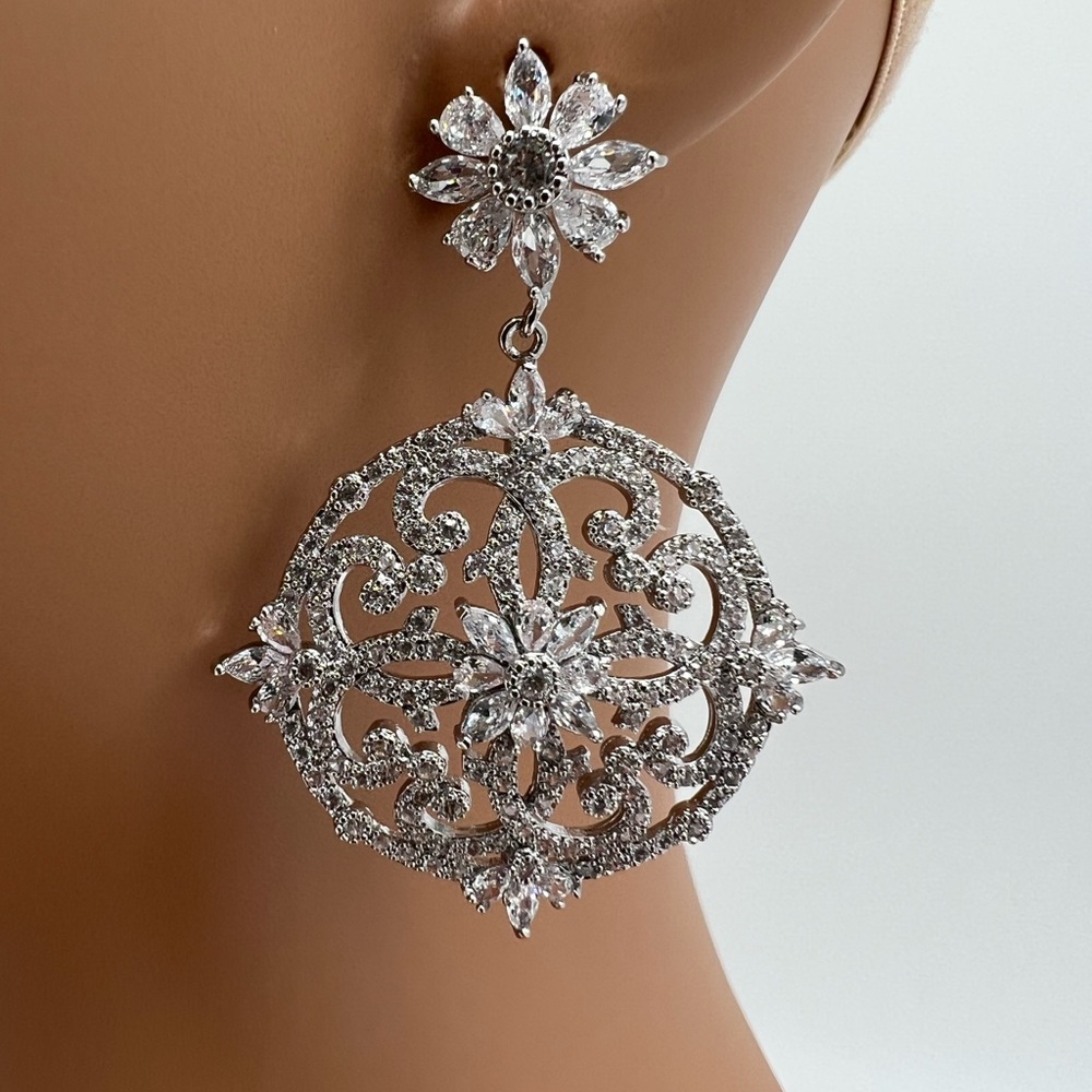 Simulated Diamond Medallion Silver Earrings - Picture 4 of 4